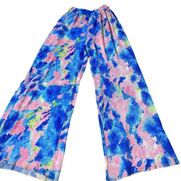 Niccy pants wide leg tie dyed look accordion elastic waist pull on trousers MD - Picture 8 of 9